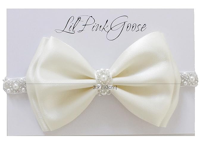 0-12 Newborn Baby Baptism Pearl Headband or Clip with Bow in WHITE Christening Headband with Satin Bow, Pearl Rhinestone Band (Cream(0-3Months), 1 Count (Pack of 1))