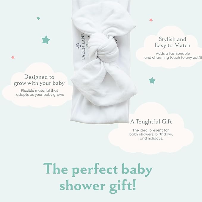 Caden Lane Baby Headwrap with Knotted Bow, Soft & Stretchy Bamboo Viscose, Comfortable Infant Hairband for Newborn & Toddler Girls, Ideal Gift for Baby Shower & Milestone Celebration, Lace White