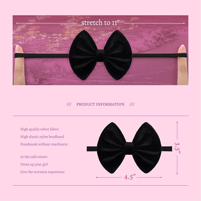 Velvet Baby Girl Bows Soft Elastic Nylon Headbands for Girls Hair Band Bows Black White Pink Handmade Newborn Bows Infant Toddler Kid Hair Accessories