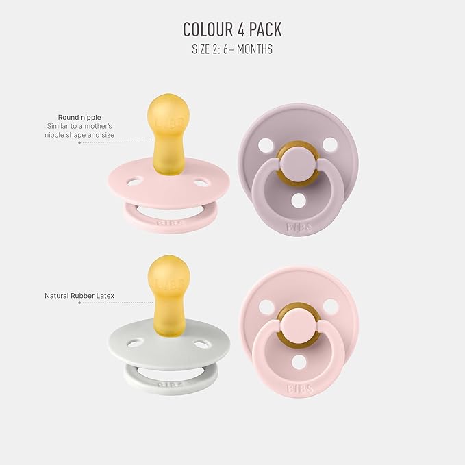BIBS Color Pacifiers 4-Pack | BPA Free Soother Pacifier | Round Nipple | Natural Rubber Latex | Made in Europe | Size 6-18 Months | Haze Mix