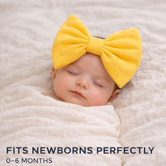 Newborn Baby Girl Headband 0–6 Months – Soft Cotton Big Bow Headband for Infants, Stretchy Baby Hair Band, 4.3" (11 cm) Bow, 2.4" (6 cm) Band (Yellow, 0-6 Month)