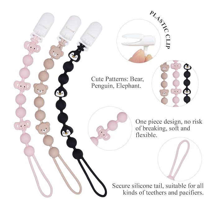 Cute Fruits Silicone Pacifier Clip Holder,Pack of 3,Flexible One Piece Design Paci Leash,Binky Clips for Baby Boys and Girls,Newborn Essential. (Elephant,Penguin,Bear)