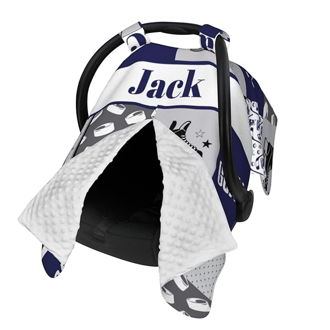 Custom Baby Car Seat Canopy with Name, Personalized Hockey Baby Car Seats Covers for Baby Boy, Opening Minky Nursing Breastfeeding Cover for Infant, Carseat Canopies for Newborn