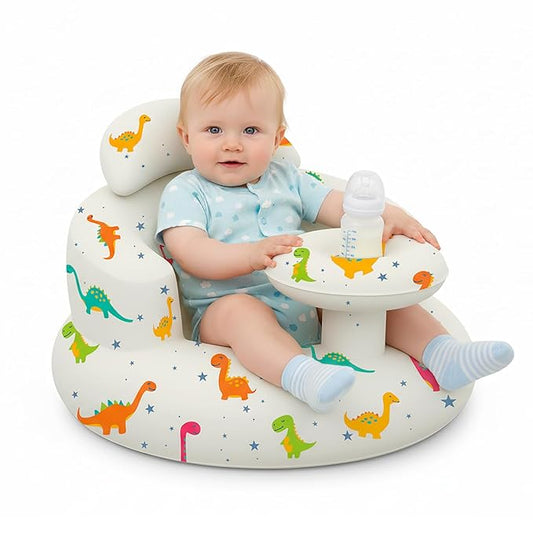 Inflatable Baby Seat with Tray and Built-in Air Pump, 3-36 Months Baby Floor Seat for Sitting Up, Portable Blow Up Baby Chair for Feeding, Travel, Beach (Dinosaur)