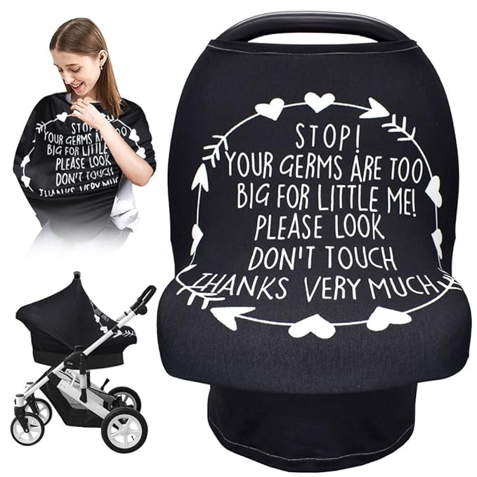 Metplus No Touch Sign Car Seat Cover for Babies, Mom Nursing Covers Breastfeeding Scarf, Multi Use Infant Carseat Canopy for Newborn Carrier/Stroller/Shopping Cart for Boy Girl，Black