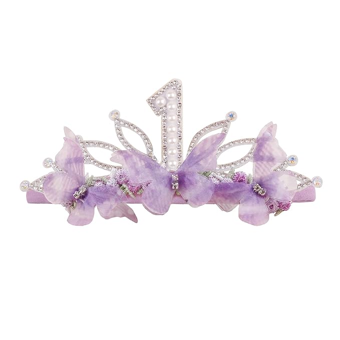 cherrboll Baby Girl Birthday Crown Floral Headband, Soft Flower Head Wrap Tiara Hairband for 1-3 Years Old Toddlers Kids First 1st Birthday Party Dress Photo Decoration