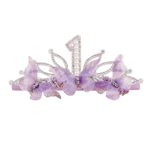 cherrboll Baby Girl Birthday Crown Floral Headband, Soft Flower Head Wrap Tiara Hairband for 1-3 Years Old Toddlers Kids First 1st Birthday Party Dress Photo Decoration