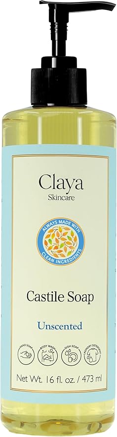 Claya Liquid Castile Soap – Organic Ingredients, Biodegradable, Gentle for Sensitive Skin and Versatile Use (16 fl oz (Pump Cap), Unscented)