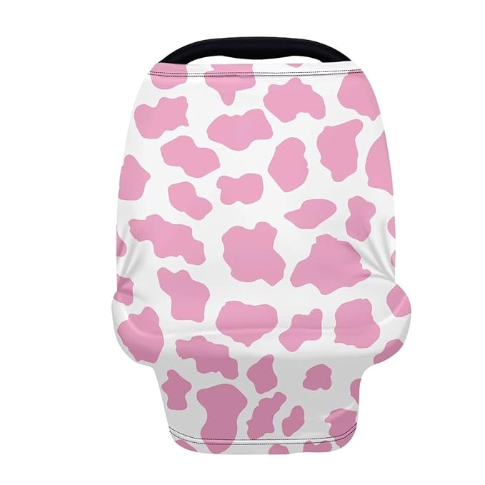 Biyejit Pink Cow Print Nursing Cover, Car Seat Cover, Shopping Cart Cover & Infinity Scarf – Breathable, Multi-Use Nursing Cover Up for Breastfeeding, Carseat Canopy & Stroller Cover