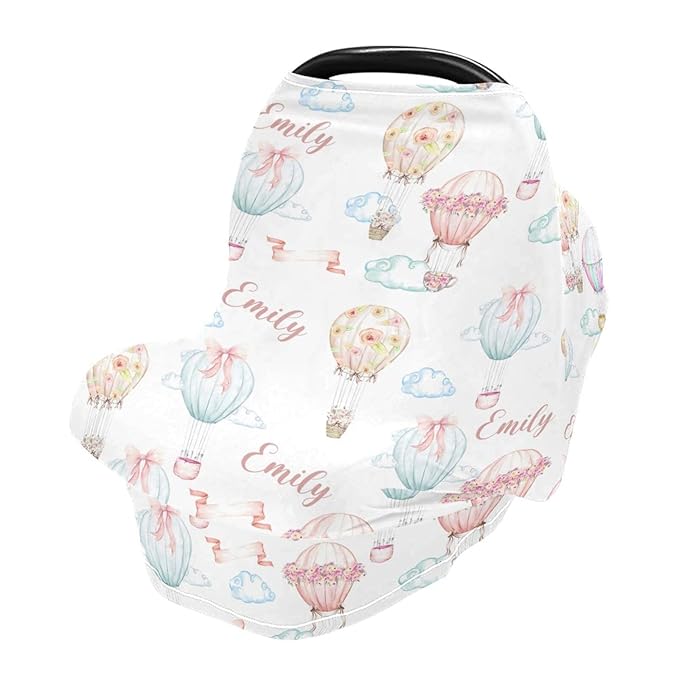 Personalized Baby Car Seat Cover for Girls, Custom Nursing Covers with Name, Hot Air Balloons Pattern, Universal Fit, Water Resistant, Linen, Cotton