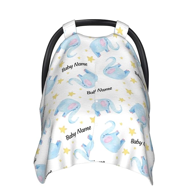 Personalized Watercolor Elephant Baby Infant Car Seats Canopy for Babies with Name, Custom Car Seat Covers for Baby Boys Girls, Peekaboo Minky Nursing Breastfeeding Stroller Canopies for Newborn