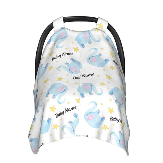 Personalized Watercolor Elephant Baby Infant Car Seats Canopy for Babies with Name, Custom Car Seat Covers for Baby Boys Girls, Peekaboo Minky Nursing Breastfeeding Stroller Canopies for Newborn
