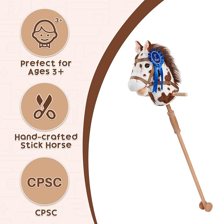 HollyHOME Stick Horse Plush with Detachable Blue Ribbon Champion Hobby Horse on Stick with Wood Wheels Real Pony Neighing for Kids Toddlers Appaloosa 36 Inches(AA Batteries Required)