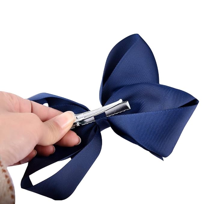 DEEKA 12 PCS 6" Big Hand-made Grosgrain Ribbon Hair Bow Alligator Clips Hair Accessories for Little Teen Toddler Girls - Navy Blue