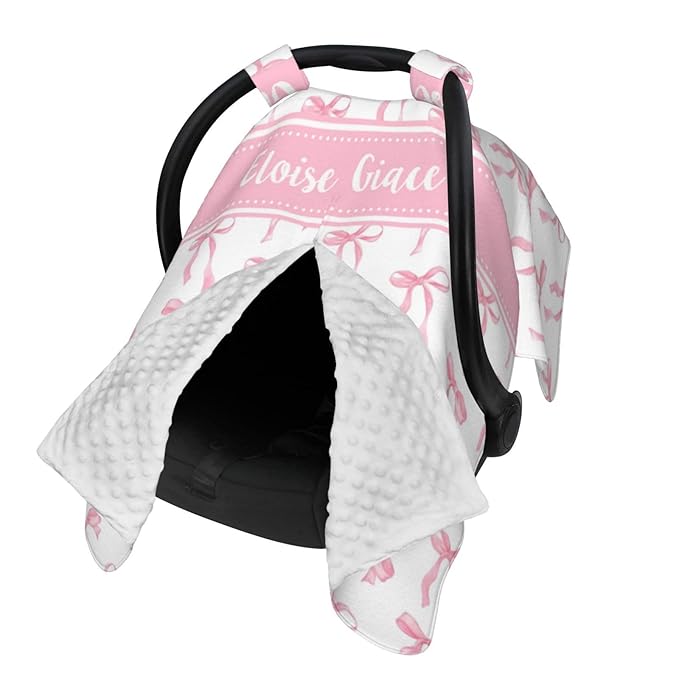 Personalized Baby Car Seat Canopy with Name – Custom Pink Bow Minky Nursing Cover for Girls, Soft Stroller Cover for Infants & Newborns, Carseat Canopy for Breastfeeding