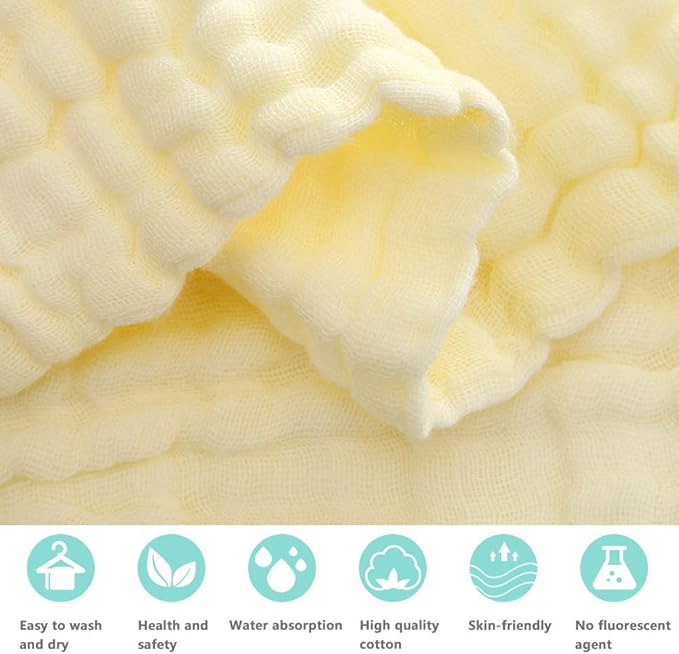 YEBON ProC 2Pcs Baby Muslin Bath Towels, Super Soft Cotton Bath Towel 6 Layers Infant Newborn Swaddle Blanket 41.3 X41.3 Inches,Baby Registry as Shower (Yellow)