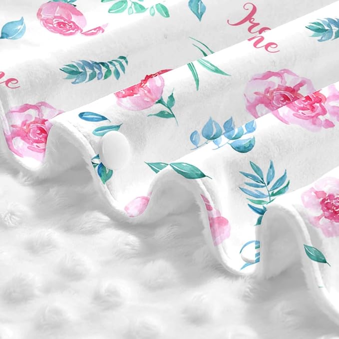 Personalized Pink Flower Baby Infant Car Seats Canopy for Babies with Name, Custom Green Leaves Lightweight Covers for Baby Boys Girls, Minky Nursing Breastfeeding Stroller Cover for Newborn