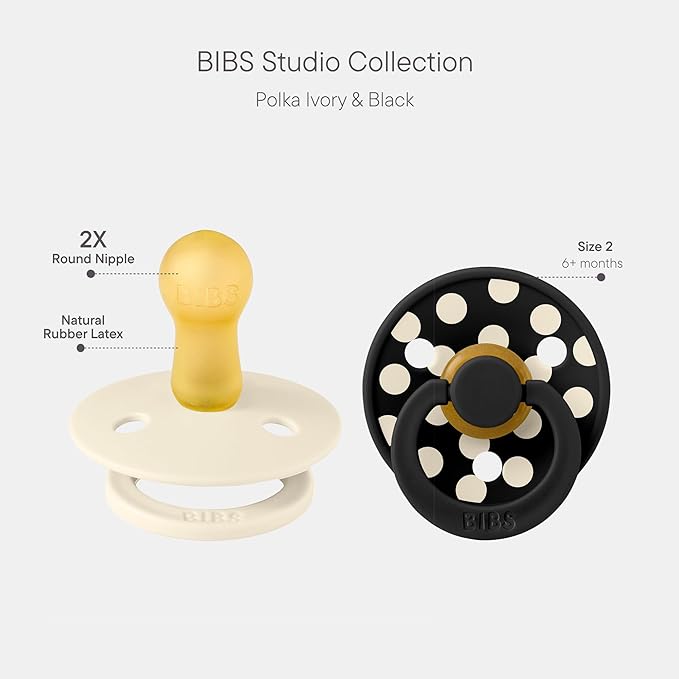 BIBS Polka Dots Pacifier 2-Pack, BPA Free Pacifiers with a Round Latex Nipple, Made in Scandinavia, Size 2 (6-18 Months), Ivory/Black