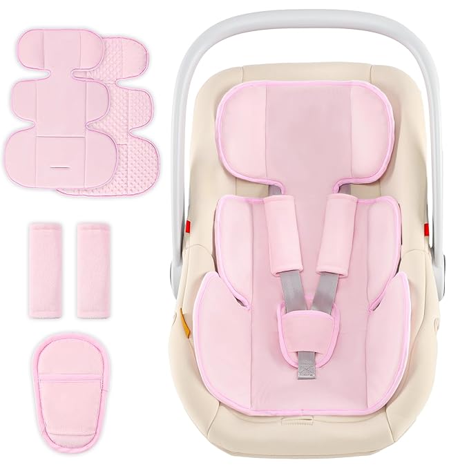 Hooyax Infant Car Seat Insert with Ultra-Thick Head Support - Universal 3-in-1 Baby Car Seat Cushion Set, Dual-Sided Newborn Carseat Insert for Carseat, Stroller, Bouncer, Swing(Pink)