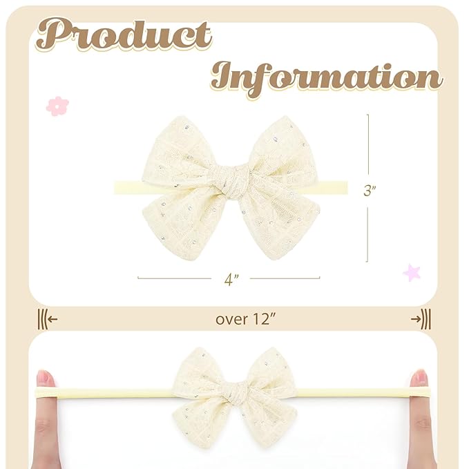 YanJie 3PCS 4’’ Lace Hair Bow for Girls Soft Nylon Baby Headbands Rhinestone Pink Blue Off White Bows Hair Accessories for Newborn Infant Toddler Girl