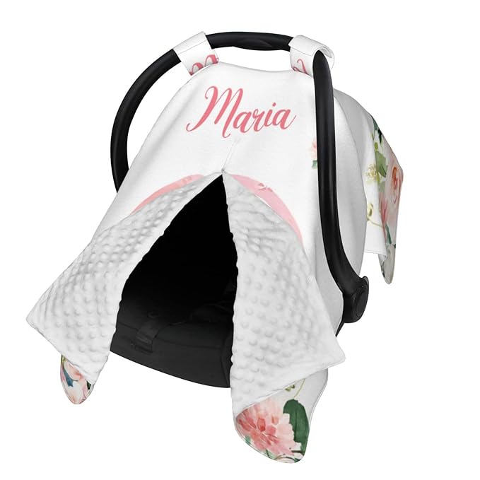Personalized Baby Car Seat Canopy for Babies, Custom Name Car Seat Covers for Baby Girl, Floral Rainbow Opening Minky Nursing Breastfeeding Cover for Infant, Carseat Canopies for Newborn