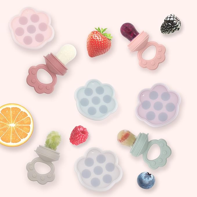 Ginbear Silicone Baby Fruit Food Feeder & Freezer Tray (Set of 2), Infant Teething Feeder Pacifiers with Popsicle Molds Combo 4 Months+ (Mauve/Baby Pink)