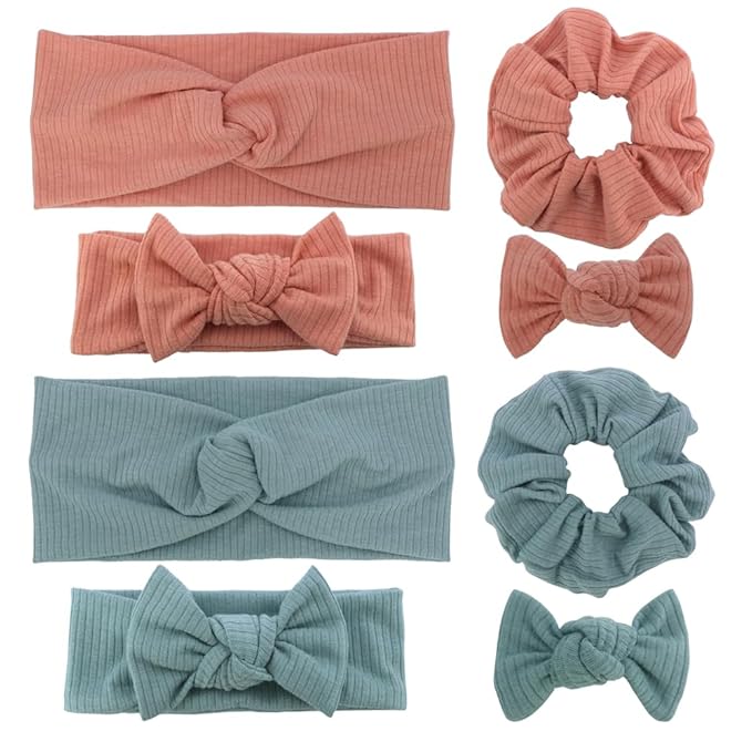 Sugarmelon Mommy and Me Headband Set Mother Baby Matching Turban Headbands for Toddler Baby Girls Women Scrunchies Hair Bow Hairbands (Peach/Celadon)