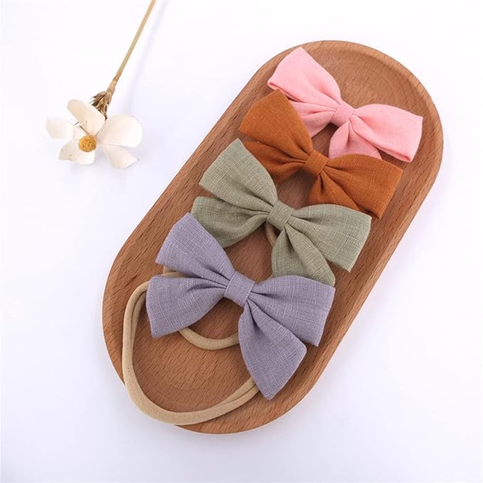 Sugarmelon Linen Bow Nylon Headband for Baby Newborn Infant Toddler Hair Bow Elastic Bands for Baby Girls Little Kids Headbands (Linen Sailor bow 3.2'')