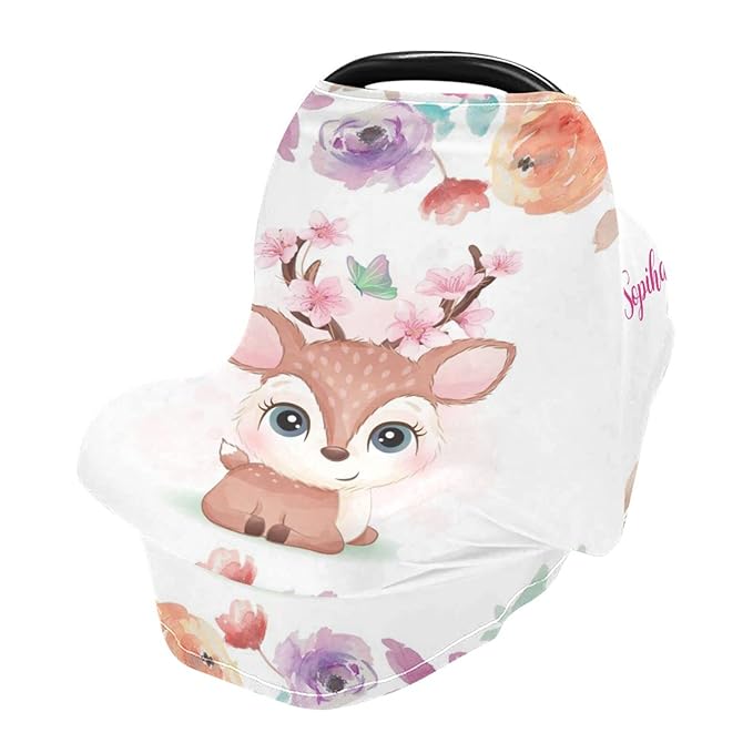Personalized Baby Car Seat Covers with Name, Custom Nursing Cover Breastfeeding for Babies, Carseat Canopy for Girls, Infant Stroller Cover for Winter, Breathable Carseats Cover (Little Cute Deer)