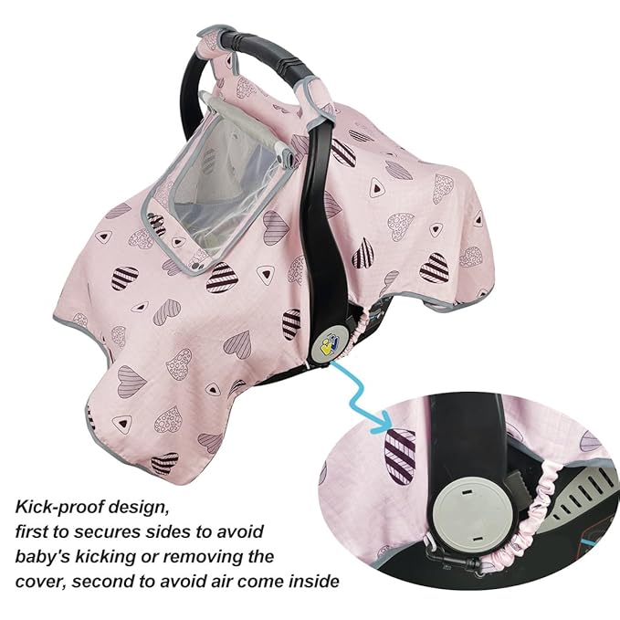 Car seat Covers for Babies, Infant Carseat Canopy for Newborn Carrier, kick Proof Yet Anti-Slip Design, Muslin, fit Summer, Spring, Autumn, Pink Heart, Perfect for Girl;