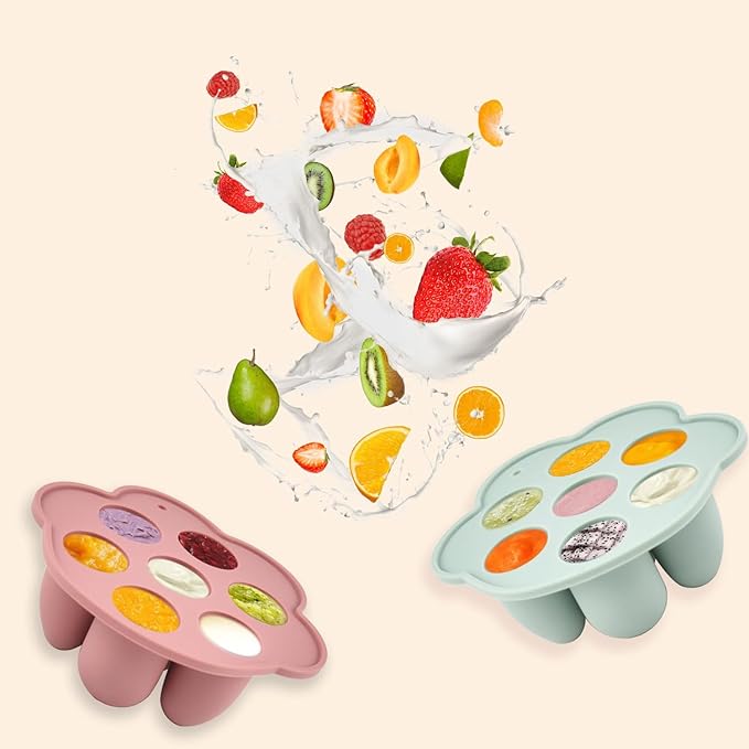 Ginbear Silicone Baby Fruit Food Feeder & Freezer Tray (Set of 2), Infant Teething Feeder Pacifiers with Popsicle Molds Combo 4 Months+ (Mauve/Baby Pink)