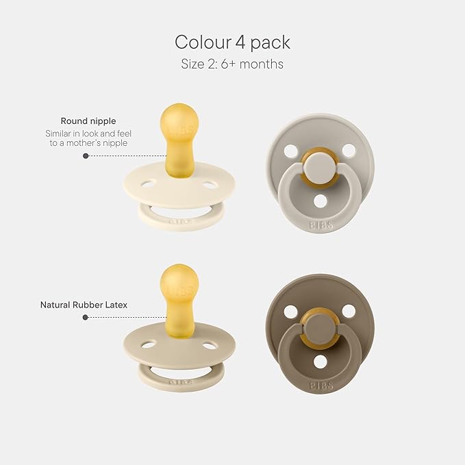 BIBS Pacifiers - Colour 4-Pack | BPA Free Baby Pacifier | Round Nipple Binkies | Natural Rubber Latex Soother | Made in Denmark | Size 6-18 Months | Vanilla Mix