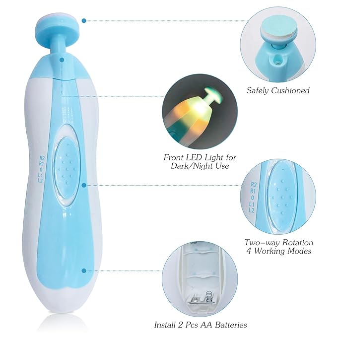 Baby Nail Trimmer File with Light Safe Electric Nail Clippers Kit for Newborn Infant Toddler Kids Toes and Fingernails Care, Polish and Trim Battery Operated (AA)
