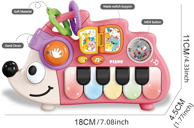 Baby Musical Piano Toys for Toddler 3 4 5, Busy Board with Music & Light, Birthday Toy for Infant Toddler 3 Years and Older Boy Girl Gifts (Pink-Hedgehog)