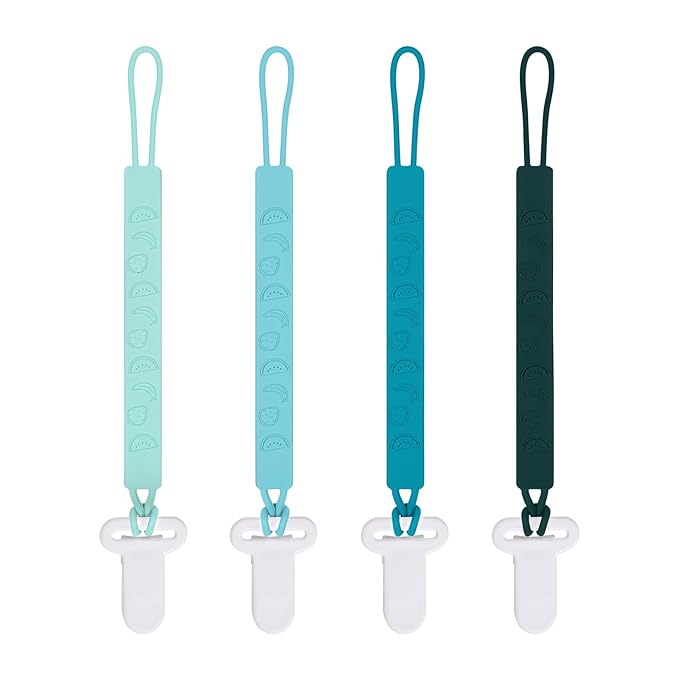One Piece Design Silicone Pacifier Clip Holder for Baby Boys and Girls,Pack of 4 Flexible Paci Leash,Binky Clips,Newborn Essentials (Fruits, Green)
