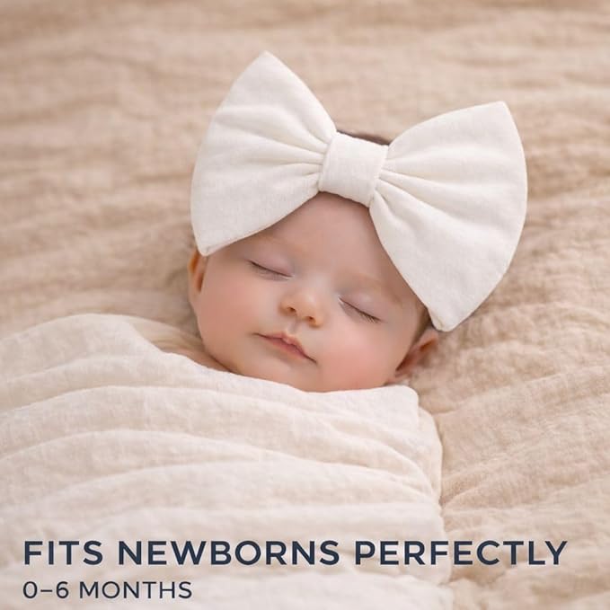 Newborn Baby Girl Headband 0–6 Months – Soft Cotton Big Bow Headband for Infants, Stretchy Baby Hair Band, 4.3" (11 cm) Bow, 2.4" (6 cm) Band (Soft White, 0-6 Month)