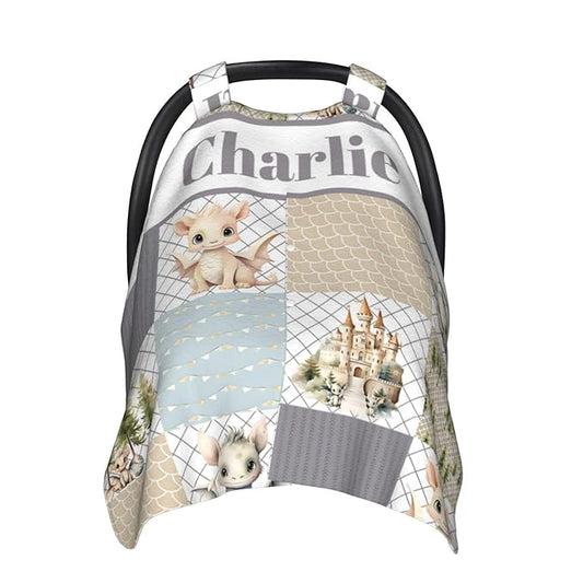 Personalized Baby Car Seat Canopy for Babies with Name, Custom Car Seat Covers for Boys Girls, Dragon Nursing Breastfeeding Stroller Cover Infant Carseat Canopies for Newborn
