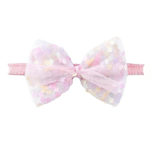Bow Lace Headband for Baby Girls, Cute Bow Knot Hairband Pearl Elastic Headwrap for Newborn Infant Toddlers (Pink)