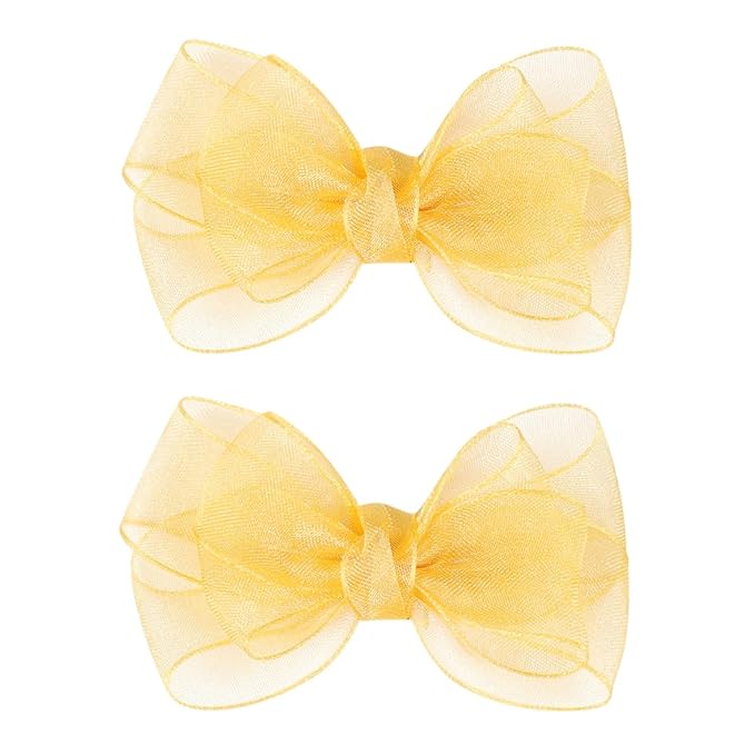 3.5-Inch Organza Hair Bows for Girls - Elegant Sheer Ribbon Alligator Clips for Toddlers, Kids, and Teens - Pack of 2, Yellow