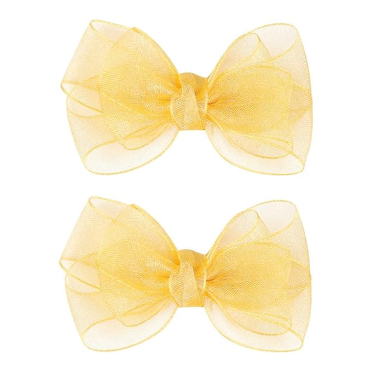 3.5-Inch Organza Hair Bows for Girls - Elegant Sheer Ribbon Alligator Clips for Toddlers, Kids, and Teens - Pack of 2, Yellow