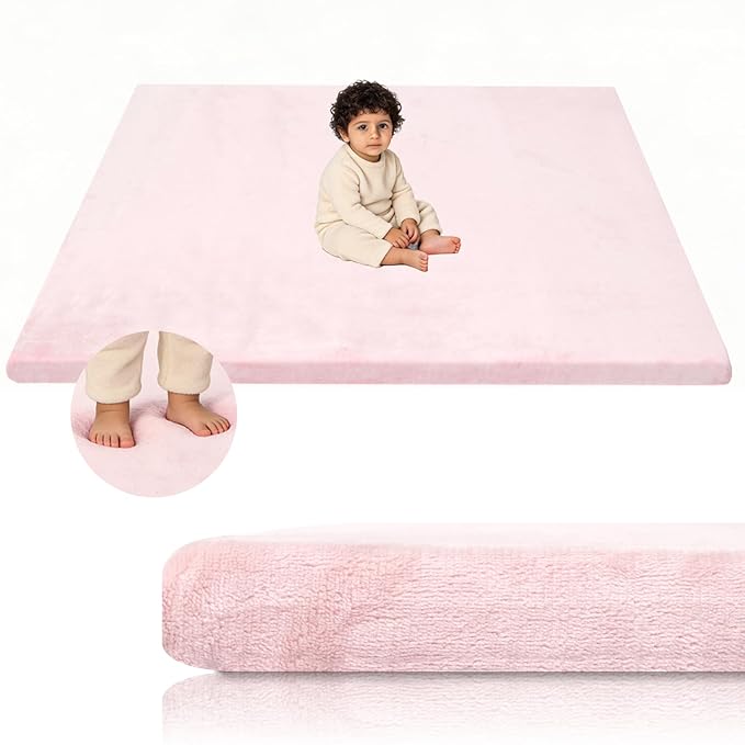 Velvet Baby Play Mat for Floor, 1.3" Thick Elasti-Foam 47"×47" Playpen Mat with Removable & Washable Velvet Cover for Toddler, Infant,Kids, Non-Slip Crawling Mat for Tummy Time (Pink)