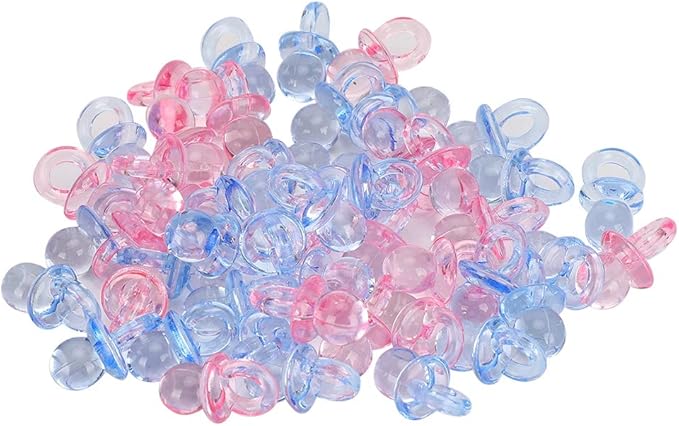 150 Mini Acrylic Pacifiers for Baby Shower Game Assorted Bulk Clothing Accessories and Surrounding Areas Decorate Pacifier Plastic Multi Colored Craft Tiny (Transparent + Blue)