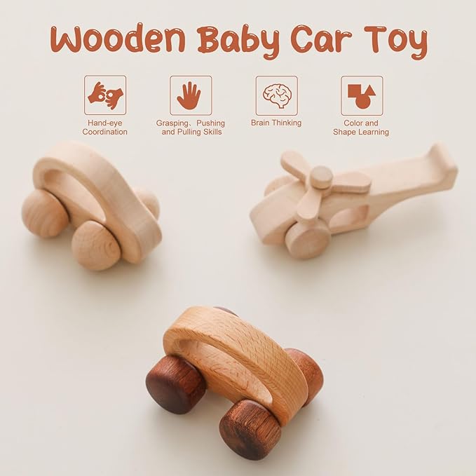 Wooden Baby Car and Airplane Toys,Wood Push Car for Toddler Montessori Baby Grip Toy Car,Gifts for Boys and Girls,Push and Pull Toy Car 3 Pieces