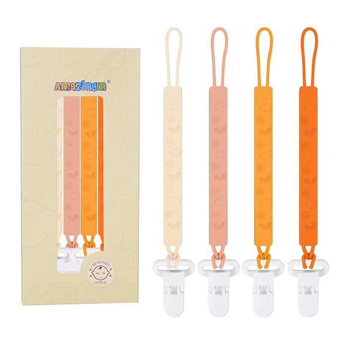 One Piece Design Silicone Pacifier Clip Holder for Baby Boys and Girls,Pack of 4 Flexible Paci Leash,Binky Clips,Newborn Essentials (Sun & Cloud & Rainbow, Yellow)