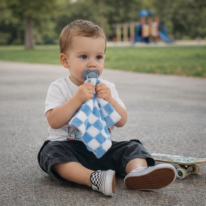 L+L USA Checkered Baby Lovey Pacifier/Teether Holder 10"x10" - DreamSoft Plush Fluffy Cuddly Soothie Reversible Mini Comfort Blanket - Cute Newborn Gift Essential Babies Boys Girls (Steel Blue/White)