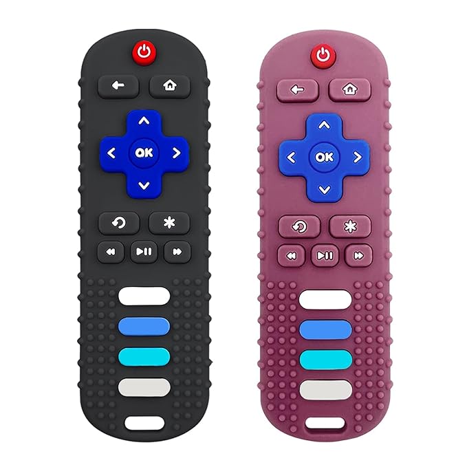 ROBBEAR Baby Teething Toys, Food Grade Silicone Teether for Babies 3 6 12 18 Months, TV Remote Shape Toddlers Chew Toys, Freezer BPA Free (Black+Red)