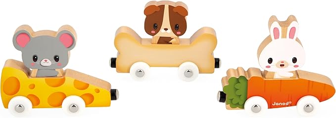 Janod - Pets Wooden Animal Car Train Push and Go Playset - Toddler Playtime - Magnetic Interchangeable Cars - Encourages Imaginative Play - Adorable Animal Characters, Safe Quality Materials