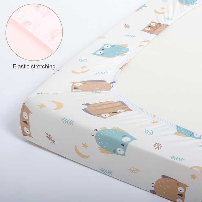 Pack n Play Fitted Sheet. 2 Piece Mini Crib Sheet. Elastic Playard Sheet. Portable Sheet Set. Elastic Convertible Playard Sheet. Compatible with Graco Pack n Play. (Owl and Tree Bag)