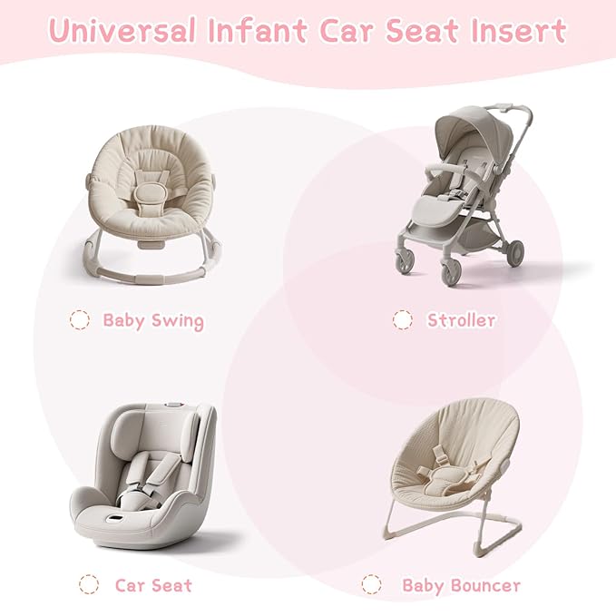 Pea Pod Baby Car Seat Head Body Support & Strap Covers, 2 in 1 Infant Car Seat Insert, Reversible Soft Breathable Newborn Cushion Pads for Preemie, Perfect for Baby Carseats, Strollers, Swings (Pink)
