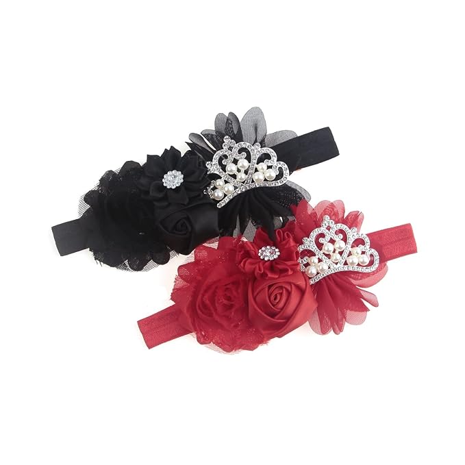 Nishine Baby Christening Headband Toddler Girls Fabric Flower Headband Tiara Stretchy Elastic in Pairs (Child, Red/Black)